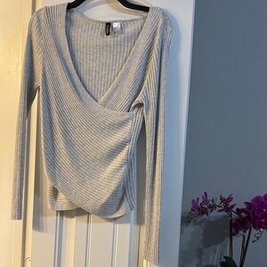Ribbed Wrap V-Neck Long Sleeve Top - Light Gray